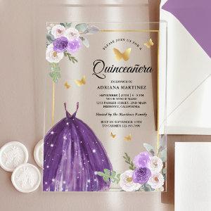 Purple Dress Floral Butterfly Gold Quinceanera Acrylic
