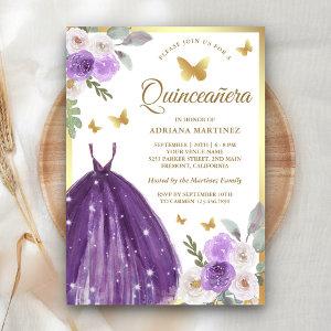Purple Dress Floral Butterfly Gold Quinceanera