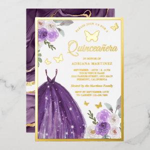Purple Dress Floral Butterfly Quinceanera Gold Foil