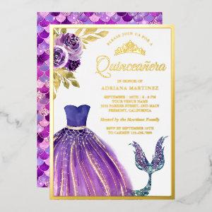 Purple Dress Mermaid Tail Quinceanera Gold Foil