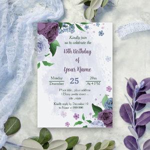 Purple dusty blue flowers green leaves birthday