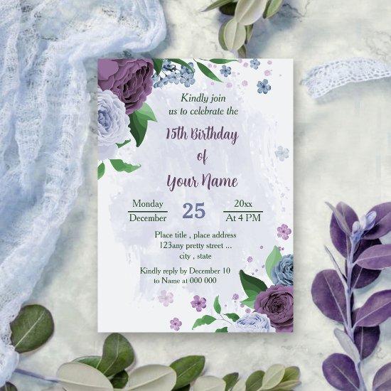 Purple dusty blue flowers green leaves birthday