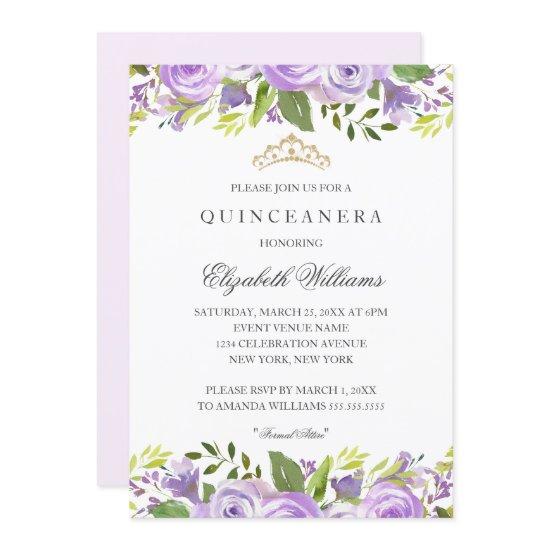 Purple Elegant Watercolor Floral Quinceanera