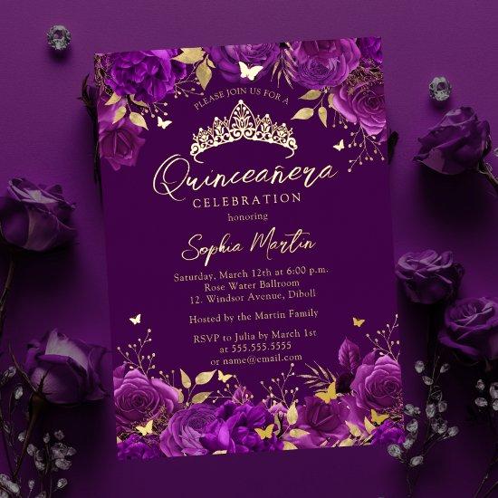 Purple Enchanting Floral Butterfly Quinceanera Foil