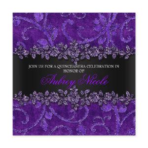 Purple Faux Glitter & Velvet Floral Quinceanera