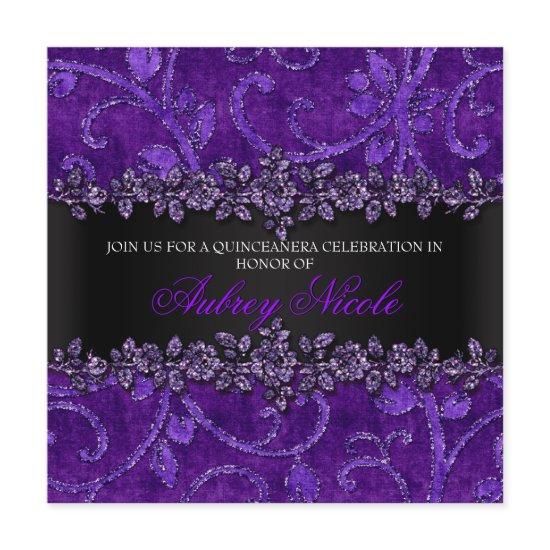 Purple Faux Glitter & Velvet Floral Quinceanera