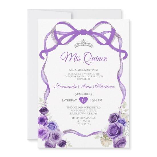 Purple Floral Bow Ribbon Silver Crown Mis Quince