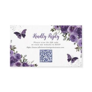 Purple Floral Butterflies Quinceañera QR Code RSVP Enclosure Card