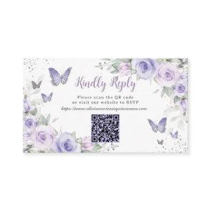 Purple Floral Butterflies Quinceañera QR Code RSVP Enclosure Card