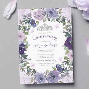 Purple Floral Butterfly Silver Tiara Quinceanera