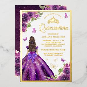 Purple Floral Dress Butterfly Quinceanera Gold Foil