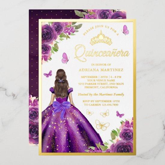 Purple Floral Dress Butterfly Quinceanera Gold Foil