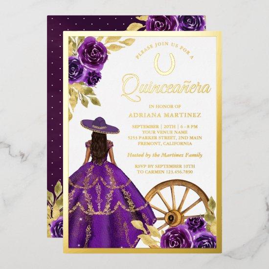 Purple Floral Dress Charro Quinceanera Gold Foil