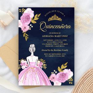 Purple Floral Dress Navy Blue Gold Quinceanera