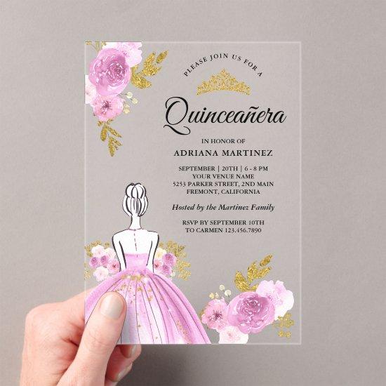 Purple Floral Dress Princess Gold Quinceanera Acrylic