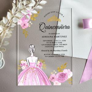 Purple Floral Dress Princess Gold Quinceanera Acrylic