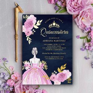 Purple Floral Dress Princess Navy Quinceanera Gold Foil
