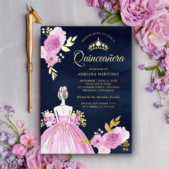 Purple Floral Dress Princess Navy Quinceanera Gold Foil