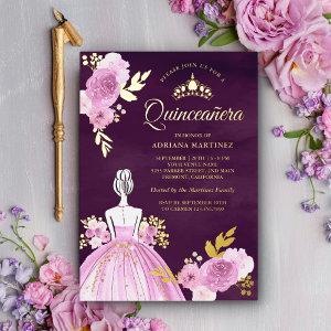 Purple Floral Dress Princess Plum Quinceanera Gold Foil