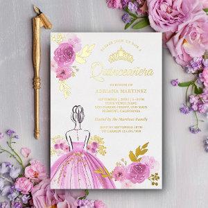Purple Floral Dress Princess Quinceanera Gold Foil