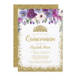 Purple Floral Faux Gold Glitter Tiara Quinceanera