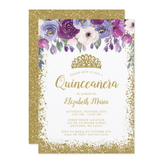 Purple Floral Faux Gold Glitter Tiara Quinceanera