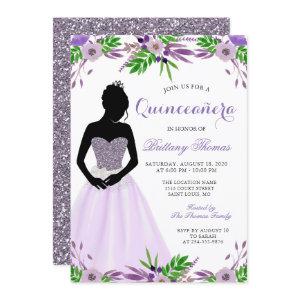 Purple Floral Glitter Quinceanera 15th Birthday