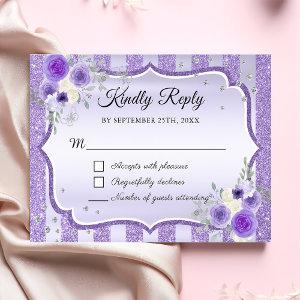 Purple Floral Glitter Quinceanera RSVP Card