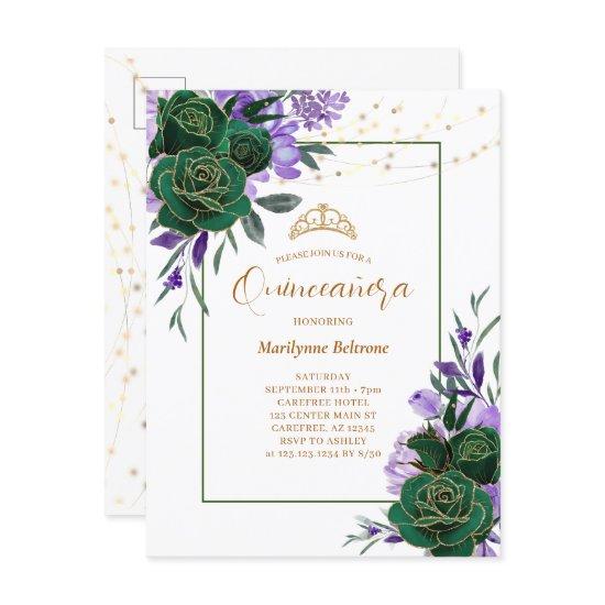 Purple Floral Gold Quinceañera  Postcard