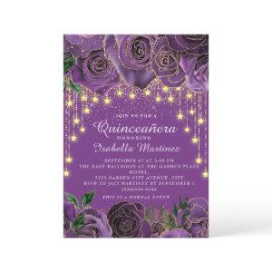 Purple Floral Gold String Light Stars Quinceañera