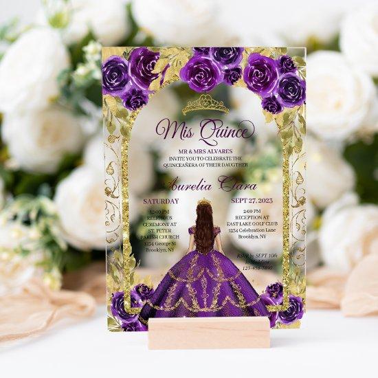 Purple Floral Princess Gold Arch Quinceanera Acrylic