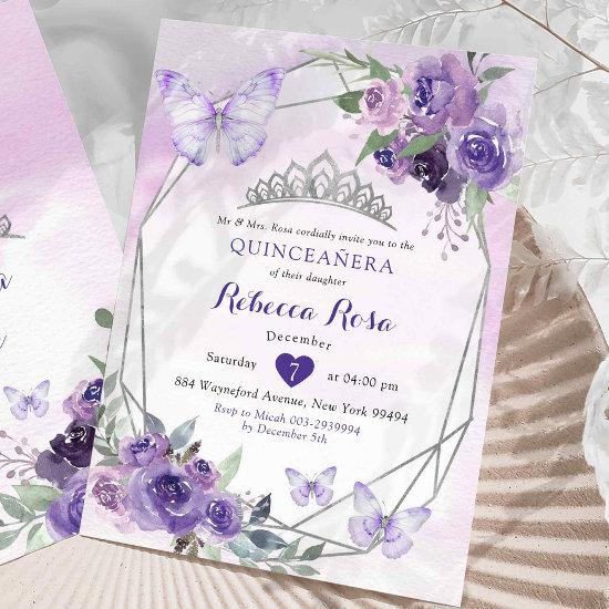 Purple Floral Royal Crown Butterfly Quinceañera