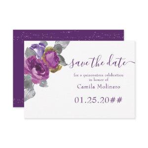 Purple Floral Script Quinceanera Save The Date
