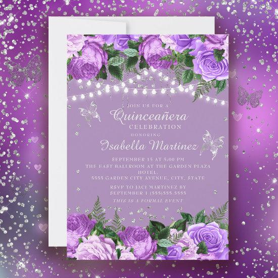 Purple Floral Silver Butterflies Quinceañera