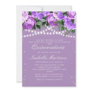Purple Floral Silver Glitter Quinceañera