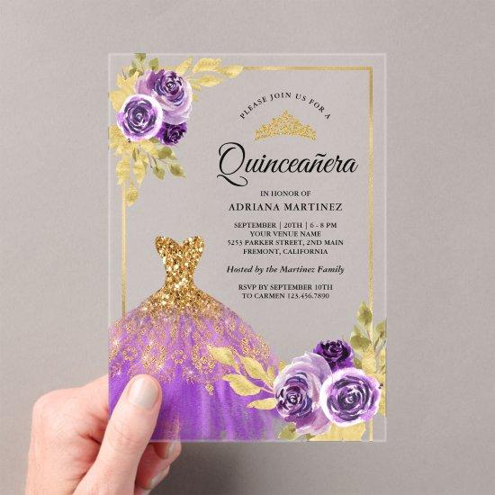 Purple Floral Sparkle Dress Gold Quinceanera Acrylic