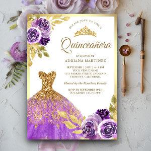 Purple Floral Sparkle Dress Gold Quinceanera