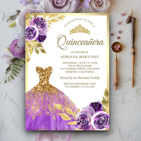 Purple Floral Sparkle Dress Gold Quinceanera