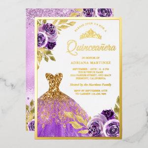Purple Floral Sparkle Dress Quinceanera Gold Foil