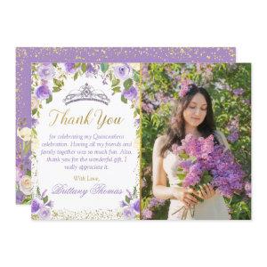 Purple Floral Sparkle Gold Quinceanera Photo Thank You Card