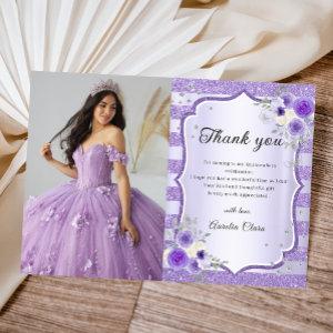 Purple Floral Sparkle Quinceanera Photo Thank You Card
