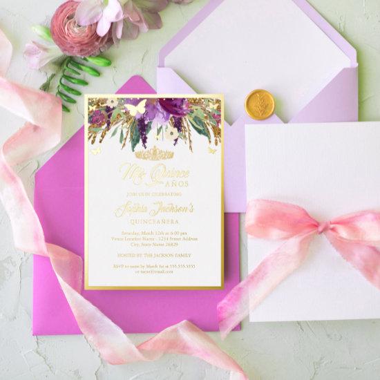 Purple Floral Sparkling Amethyst Quinceanera   Foil