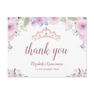 purple floral tiara quinceanera thank you card