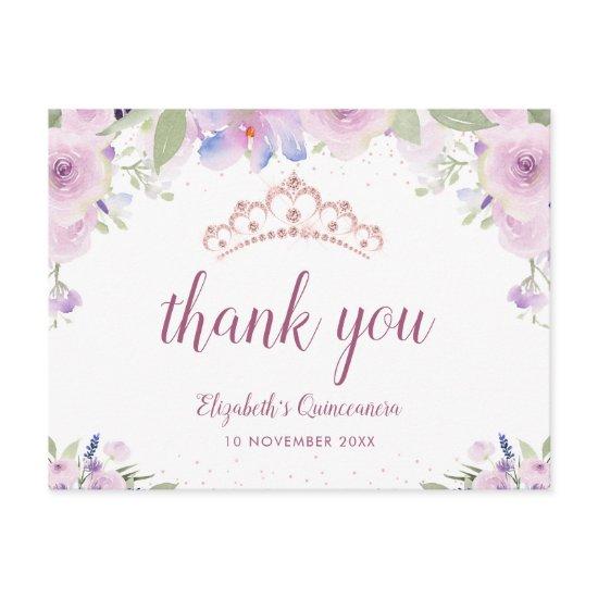 purple floral tiara quinceanera thank you card