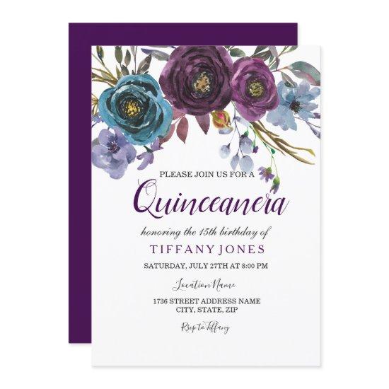 Purple Floral Watercolor Quinceanera Party Invite