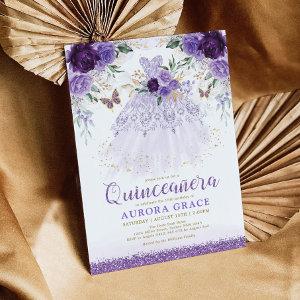 Purple Flower Quinceañera Princess Dress Butterfly