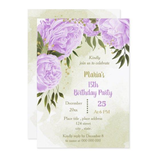 purple flowers greenery birthday party