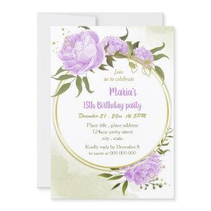 purple flowers greenery wreath birthday party