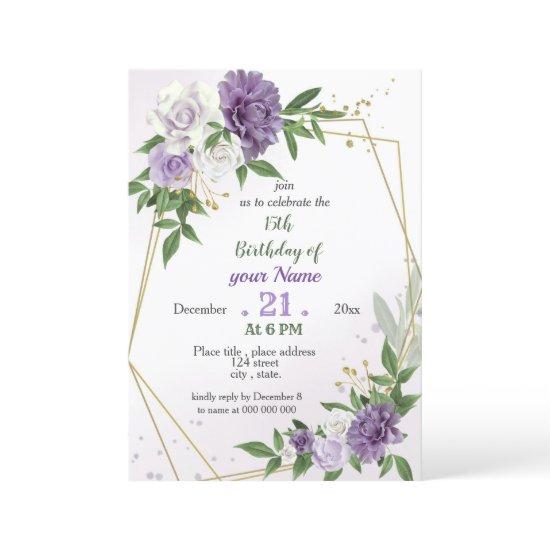 purple flowers & leaves geometric birthday