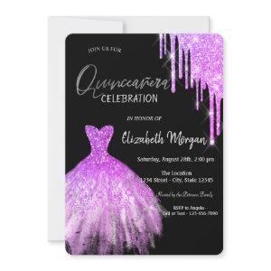 Purple Glitter Drips Dress Black Quinceañera